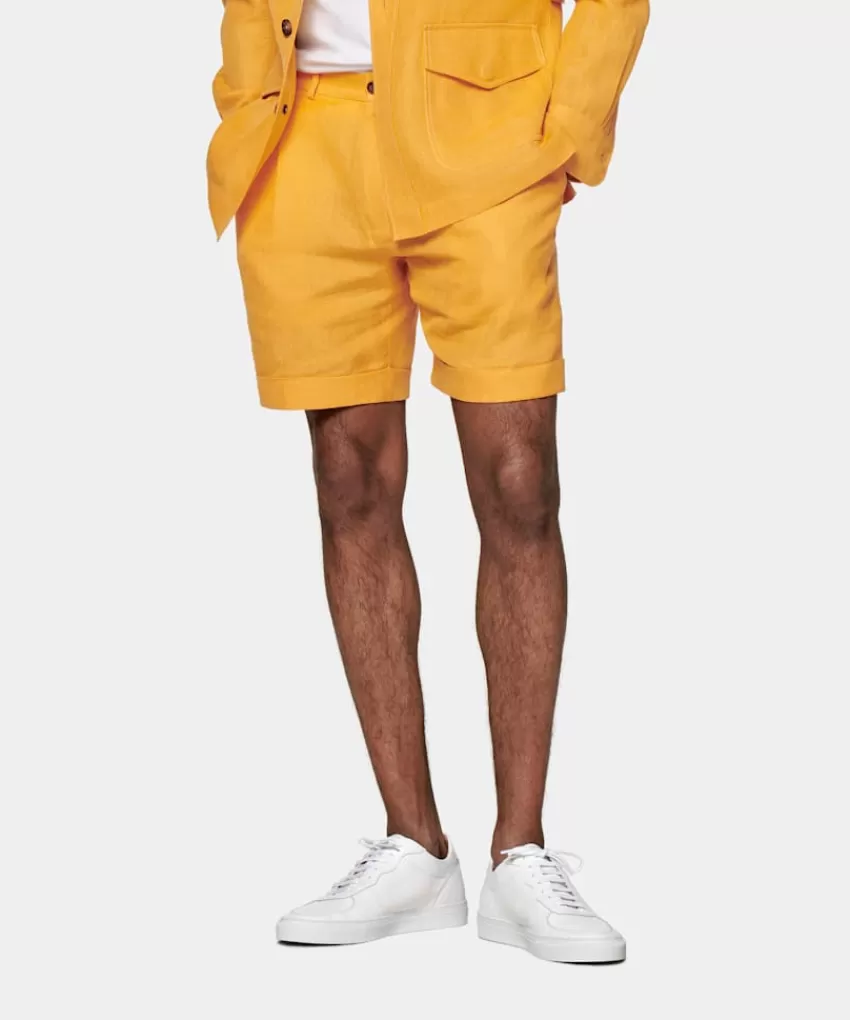 Suitsupply Bosa Shorts Gelb Bundfalte Aus Pures Leinen | Deutschland New