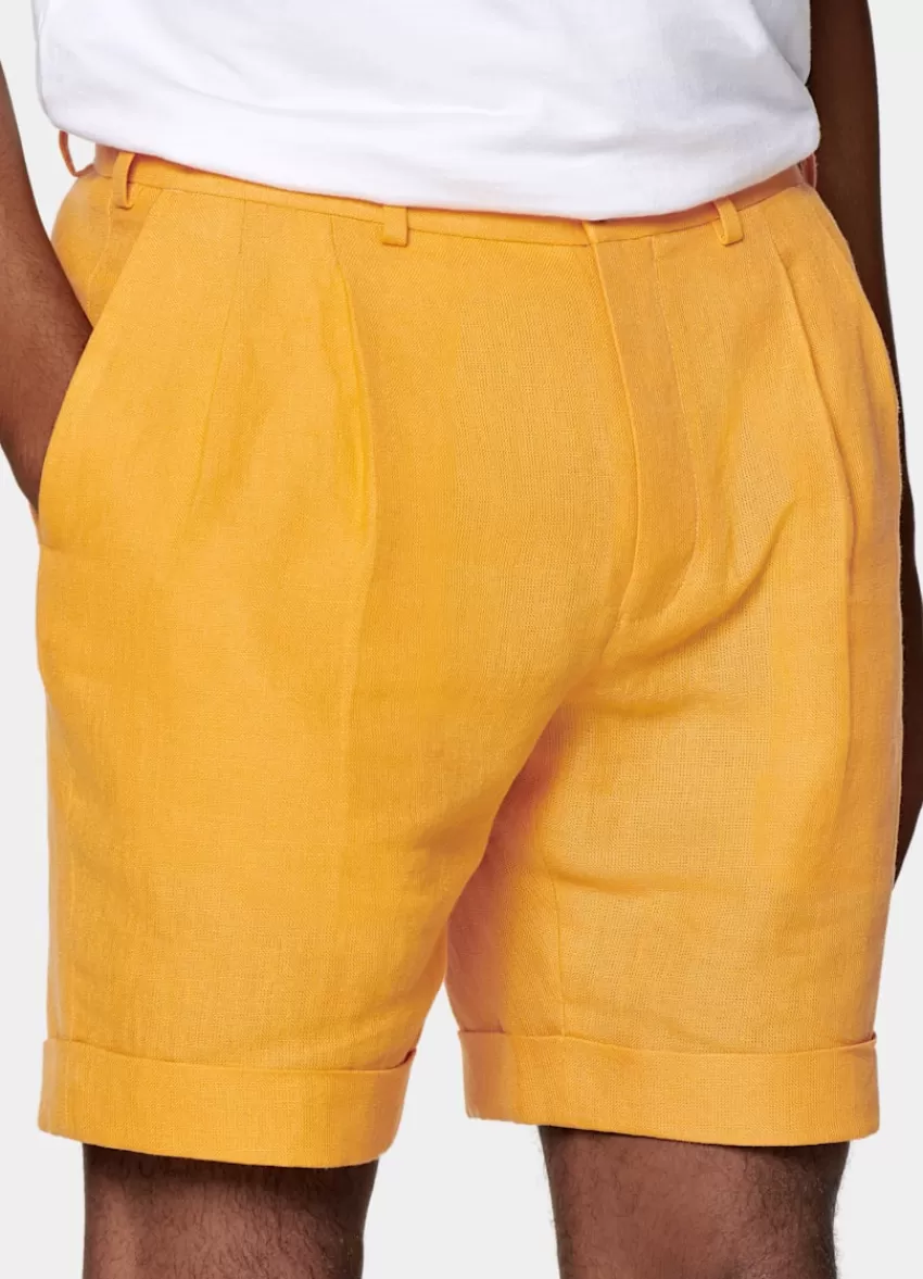 Suitsupply Bosa Shorts Gelb Bundfalte Aus Pures Leinen | Deutschland New