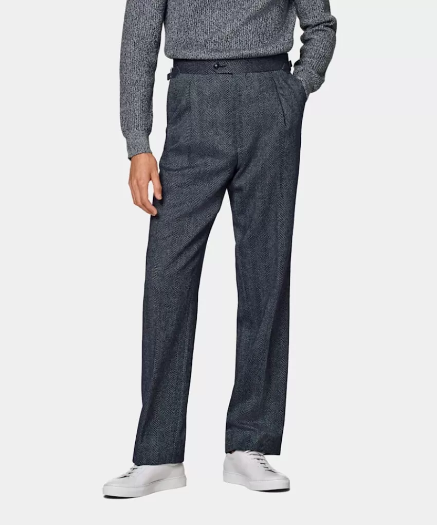 Suitsupply Duca Hose Navy Fischgrätmuster Wide Leg Straight Aus Baumwolle, Schurwolle, Polyamid | Deutschland Best Sale
