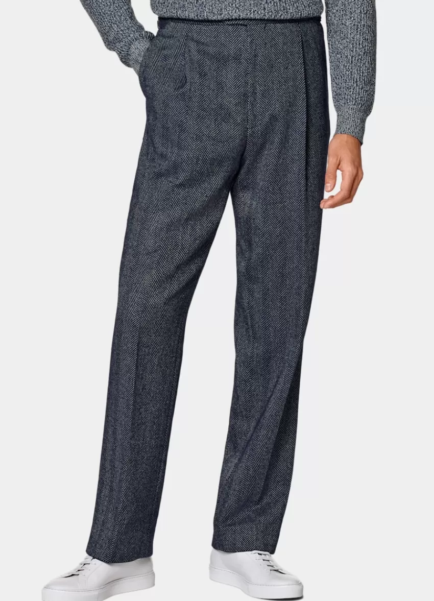Suitsupply Duca Hose Navy Fischgrätmuster Wide Leg Straight Aus Baumwolle, Schurwolle, Polyamid | Deutschland Best Sale