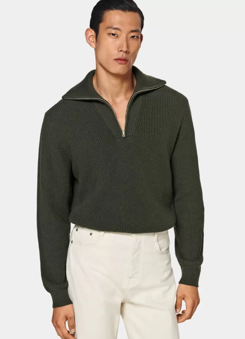 Suitsupply Dunkelgrün Rippstrick Halber Reißverschluss Aus Schurwolle Und Cashmere | Deutschland Cheap