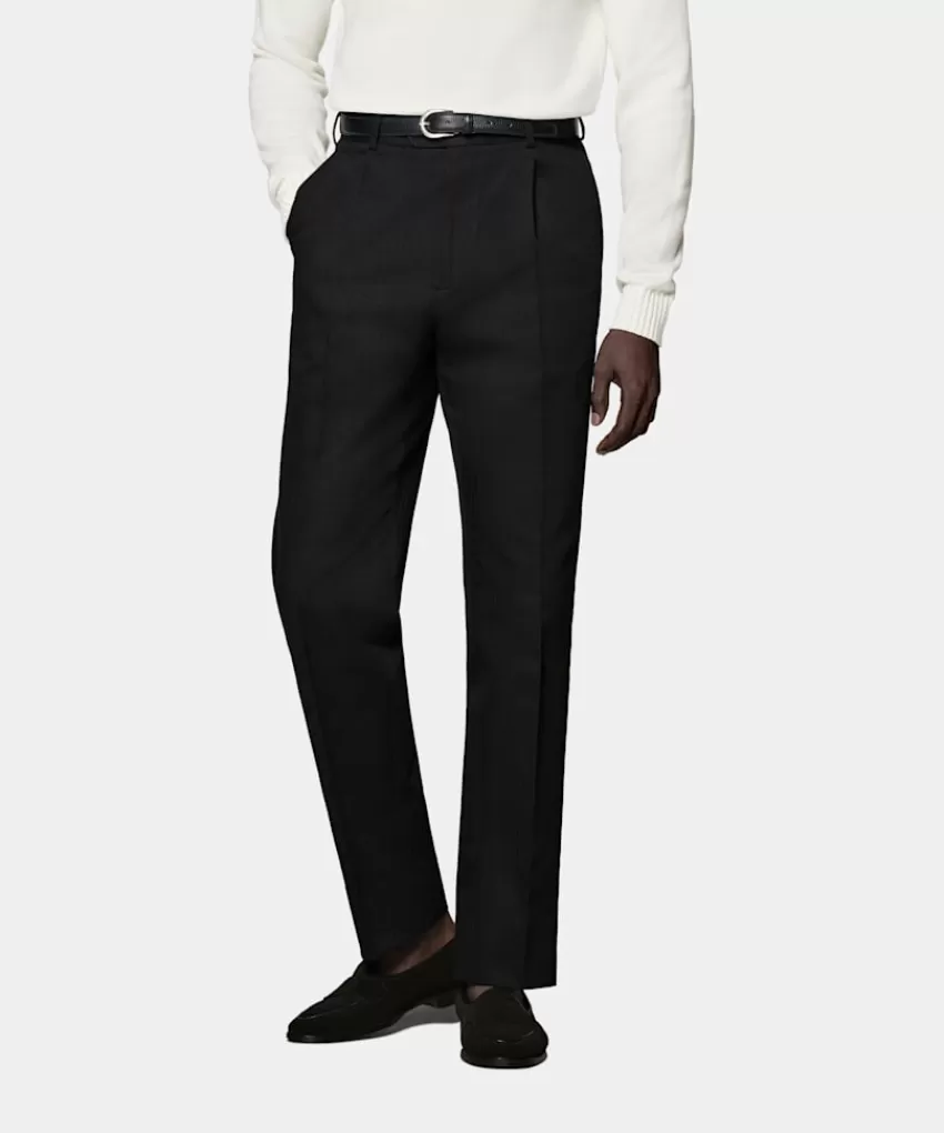 Suitsupply Firenze Hose Schwarz Fischgrätmuster Wide Leg Tapered Aus Reine Baumwolle | Deutschland Store