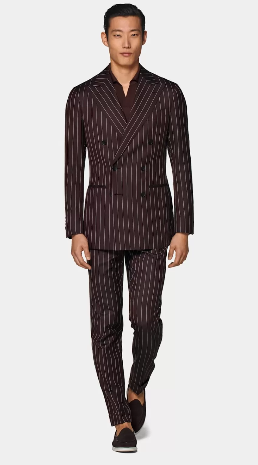 Suitsupply Havana Anzug Burgunderrot Gestreift Tailored Fit Aus Schurwolle Seide Leinen | Deutschland Discount