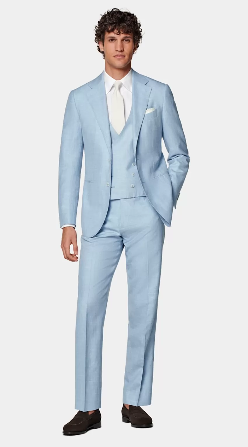 Suitsupply Havana Anzug Dreiteilg Hellblau Tailored Fit Aus Schurwolle Seide Leinen | Deutschland New