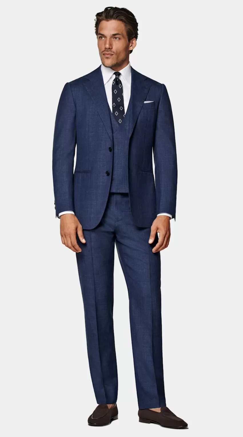 Suitsupply Havana Anzug Dreiteilg Mittelblau Tailored Fit Aus Schurwolle Seide Leinen | Deutschland New