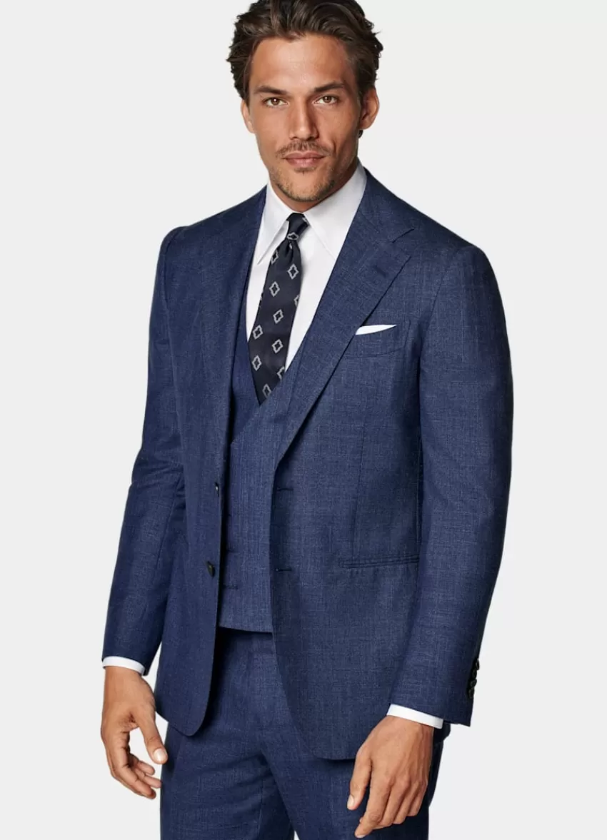 Suitsupply Havana Anzug Dreiteilg Mittelblau Tailored Fit Aus Schurwolle Seide Leinen | Deutschland New