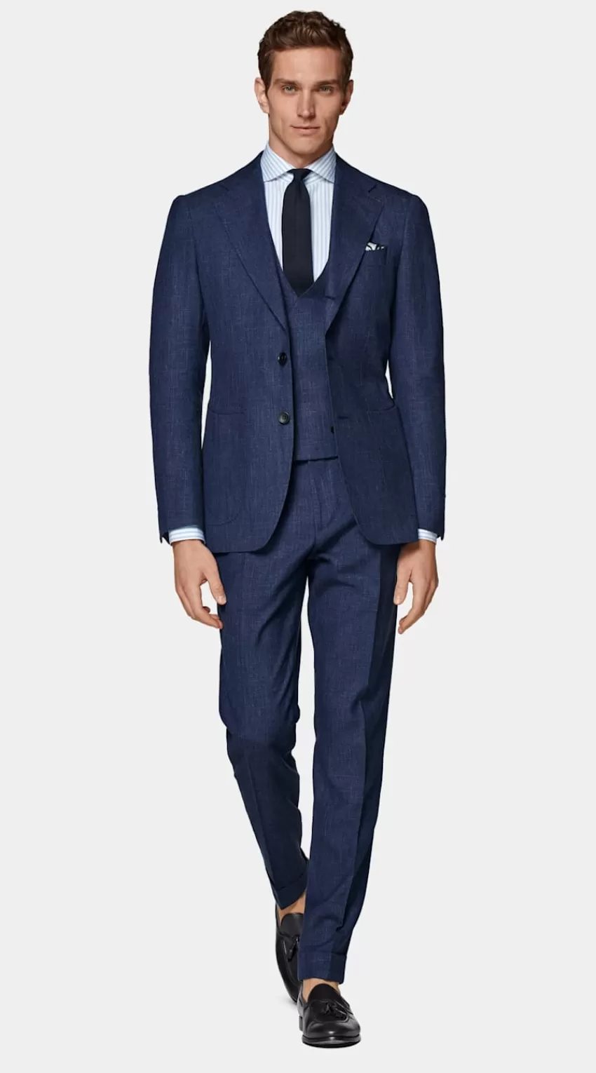 Suitsupply Havana Anzug Dreiteilg Mittelblau Tailored Fit Aus Schurwolle Seide Leinen | Deutschland Sale