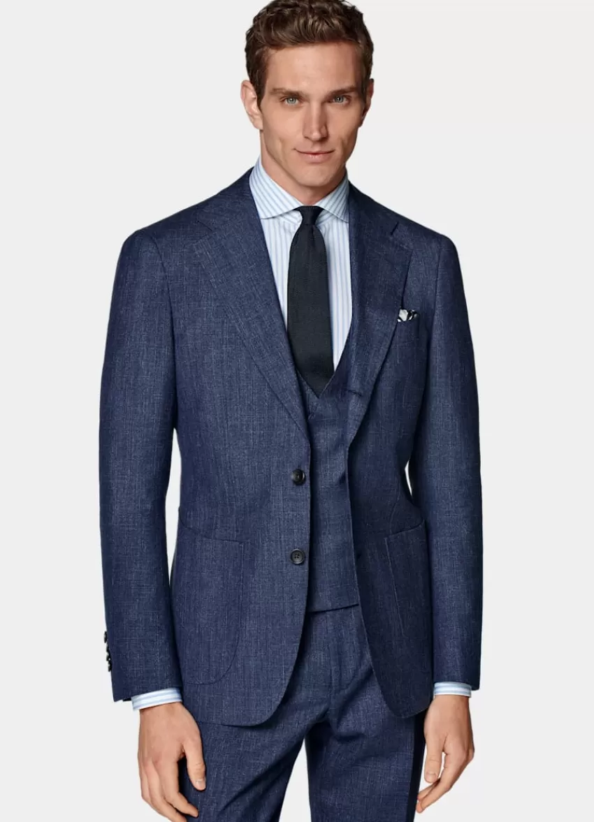 Suitsupply Havana Anzug Dreiteilg Mittelblau Tailored Fit Aus Schurwolle Seide Leinen | Deutschland Sale