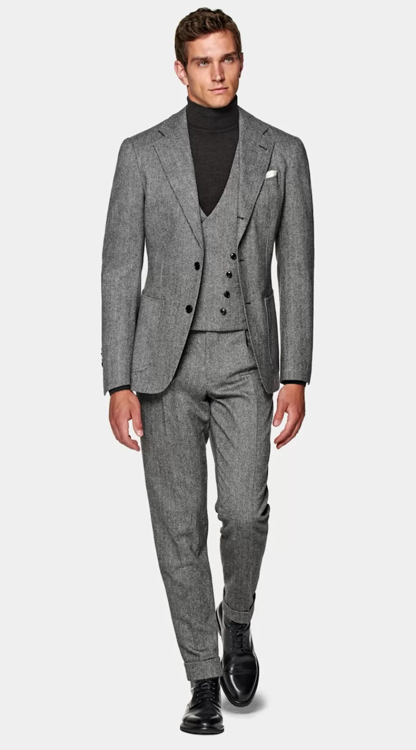 Suitsupply Havana Anzug Dreiteilig Mittelgrau Fischgrätmuster Tailored Fit Aus Wolle Kaschmir | Deutschland Fashion