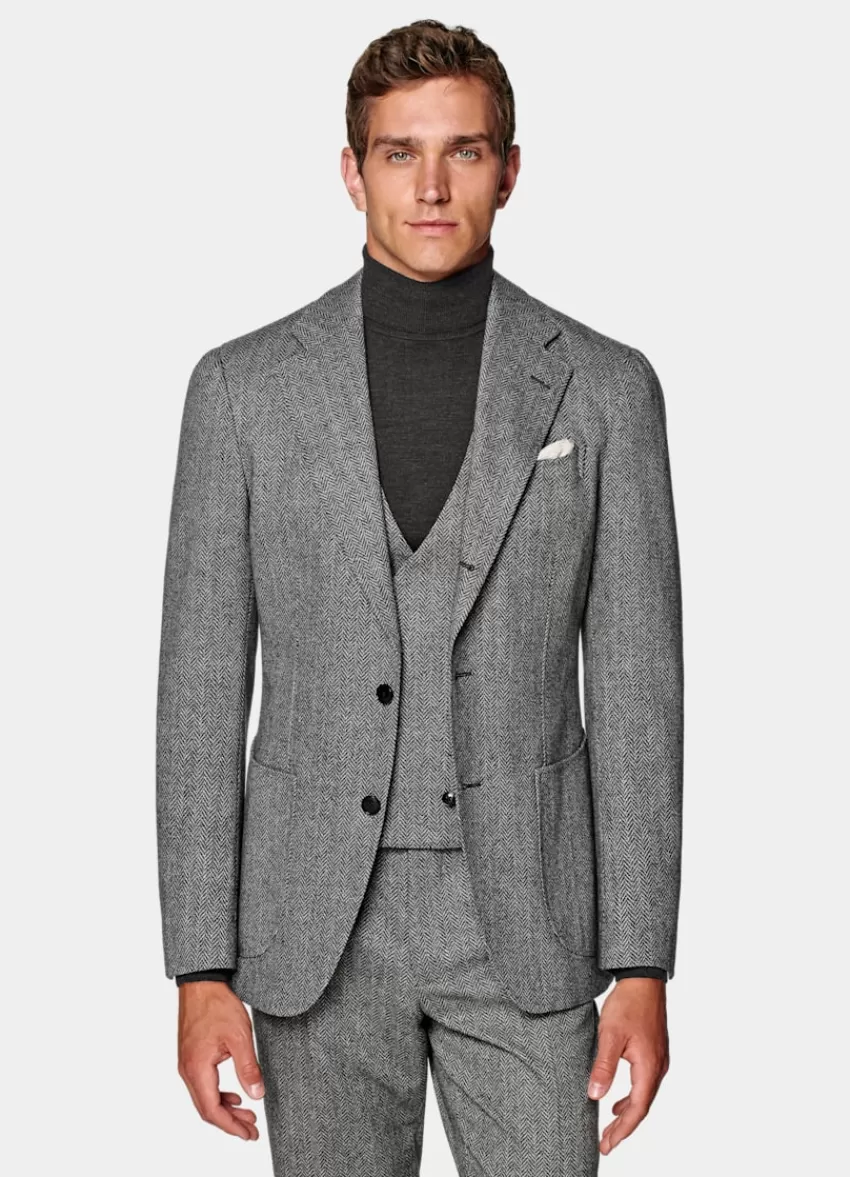 Suitsupply Havana Anzug Dreiteilig Mittelgrau Fischgrätmuster Tailored Fit Aus Wolle Kaschmir | Deutschland Fashion