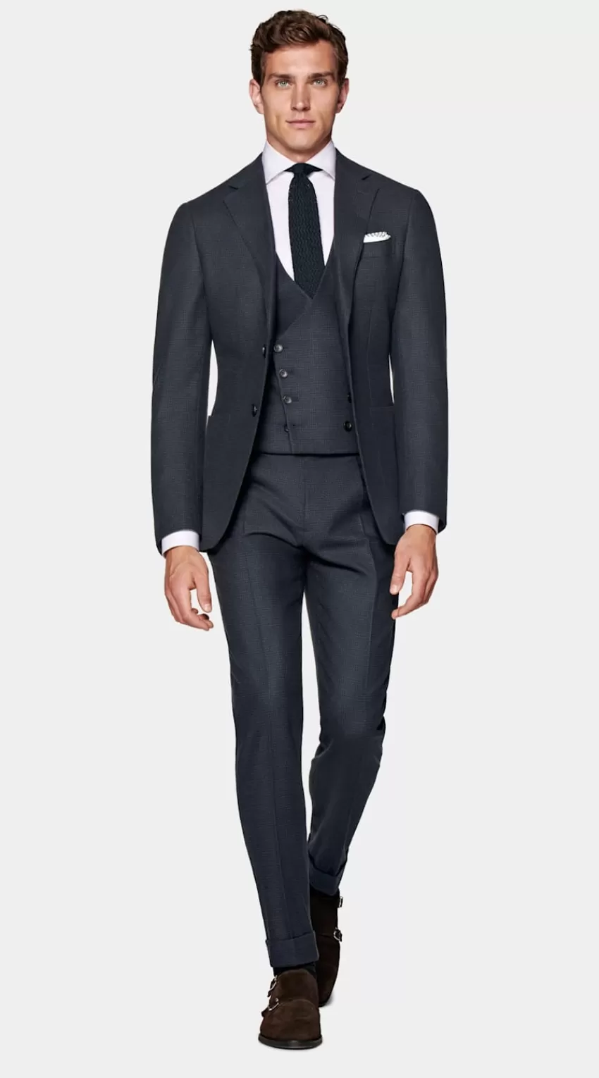 Suitsupply Havana Anzug Dreiteilig Navy Hahnentrittmuster Tailored Fit Aus Wolle Kaschmir | Deutschland Store