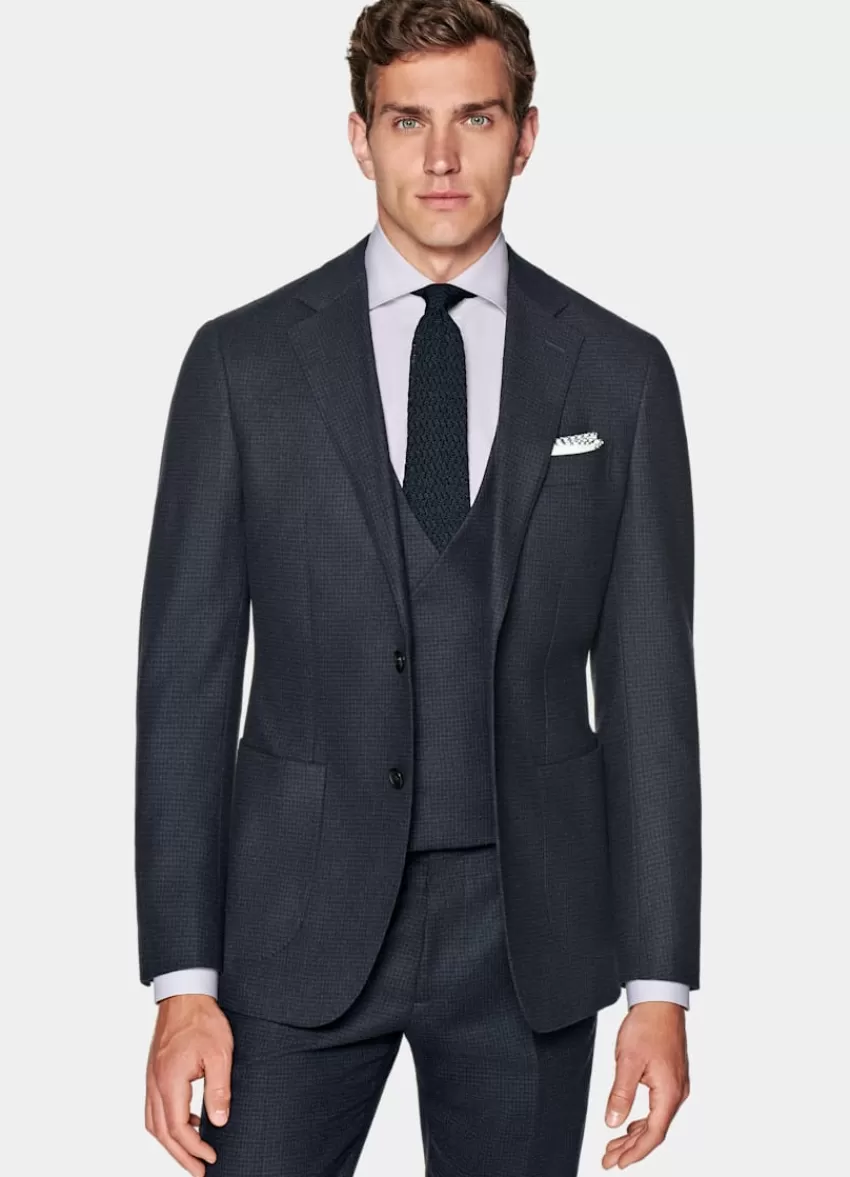 Suitsupply Havana Anzug Dreiteilig Navy Hahnentrittmuster Tailored Fit Aus Wolle Kaschmir | Deutschland Store