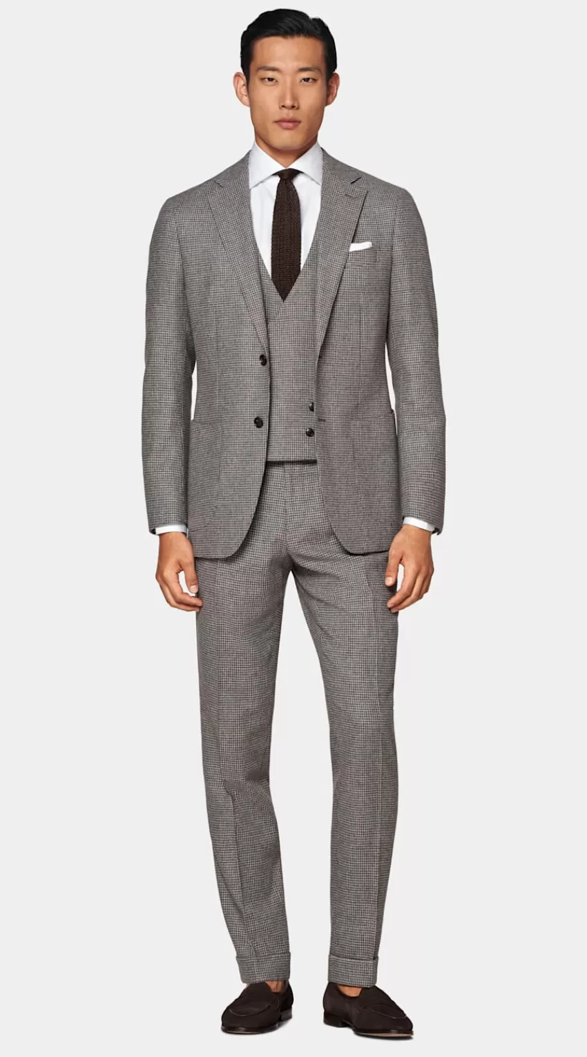 Suitsupply Havana Anzug Dreiteilig Taupe Hahnentrittmuster Tailored Fit Aus Wolle Kaschmir | Deutschland Fashion