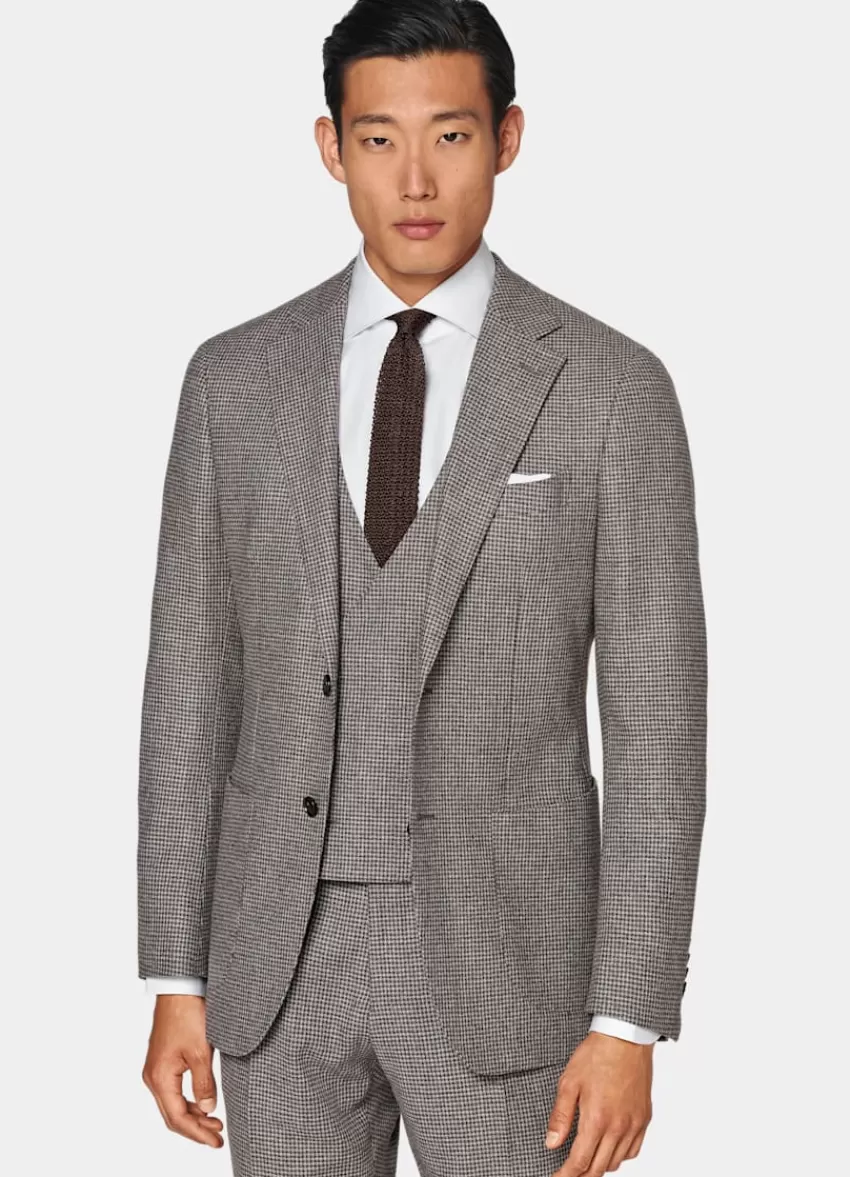 Suitsupply Havana Anzug Dreiteilig Taupe Hahnentrittmuster Tailored Fit Aus Wolle Kaschmir | Deutschland Fashion