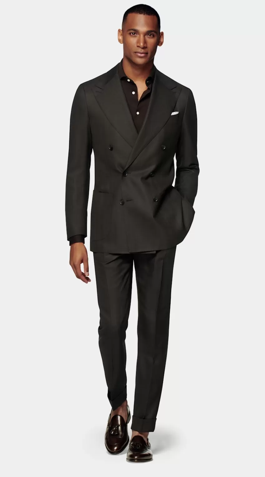 Suitsupply Havana Anzug Dunkelbraun Fischgrätmuster Tailored Fit Aus Schurwolle Seide Leinen | Deutschland Store