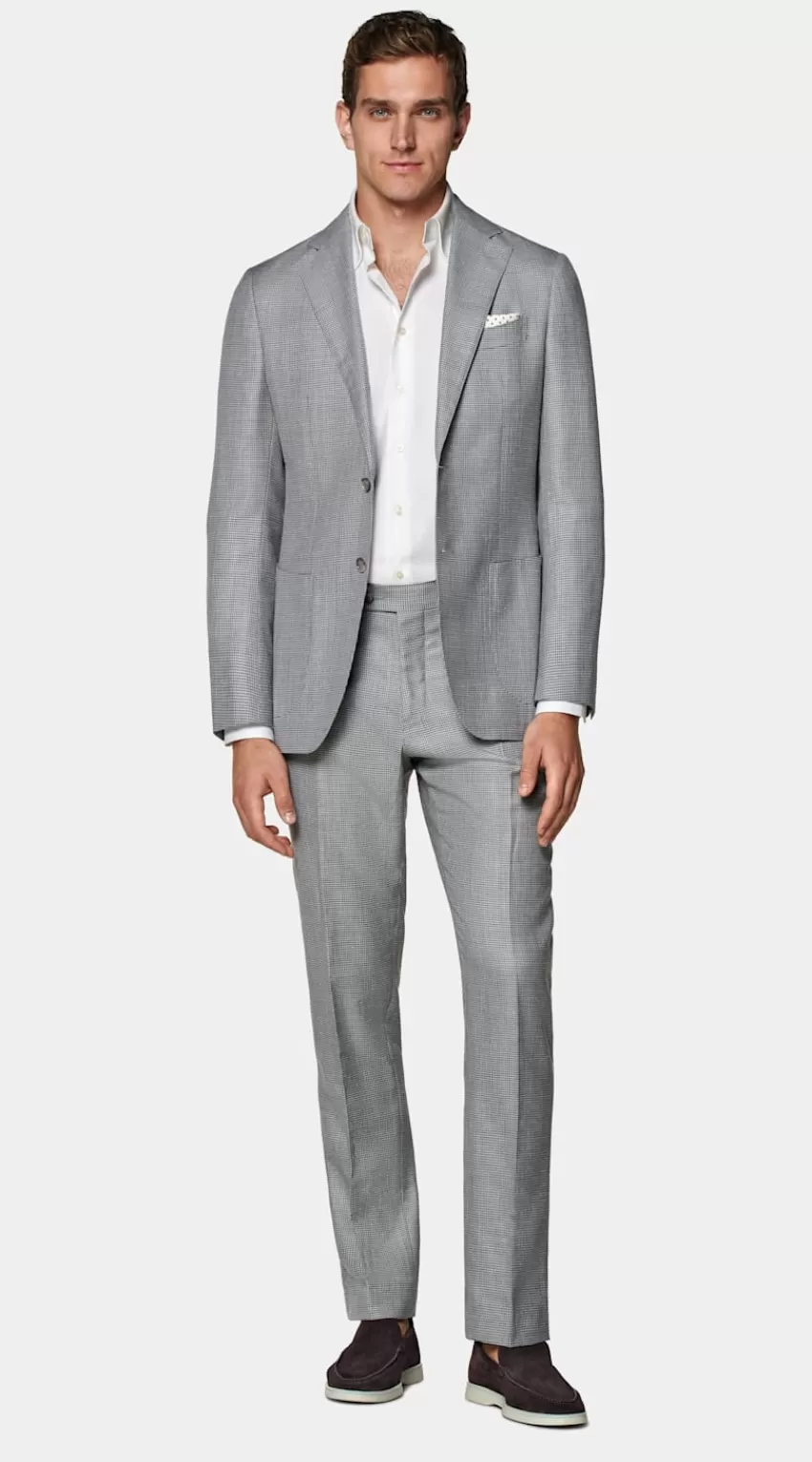 Suitsupply Havana Anzug Hellgrau Hahnentrittmuster Tailored Fit Aus Schurwolle Seide Leinen | Deutschland Cheap