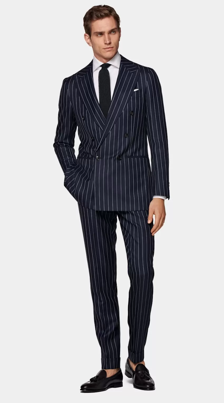 Suitsupply Havana Anzug Mittelblau Gestreift Tailored Fit Aus Schurwolle Seide Leinen | Deutschland Online