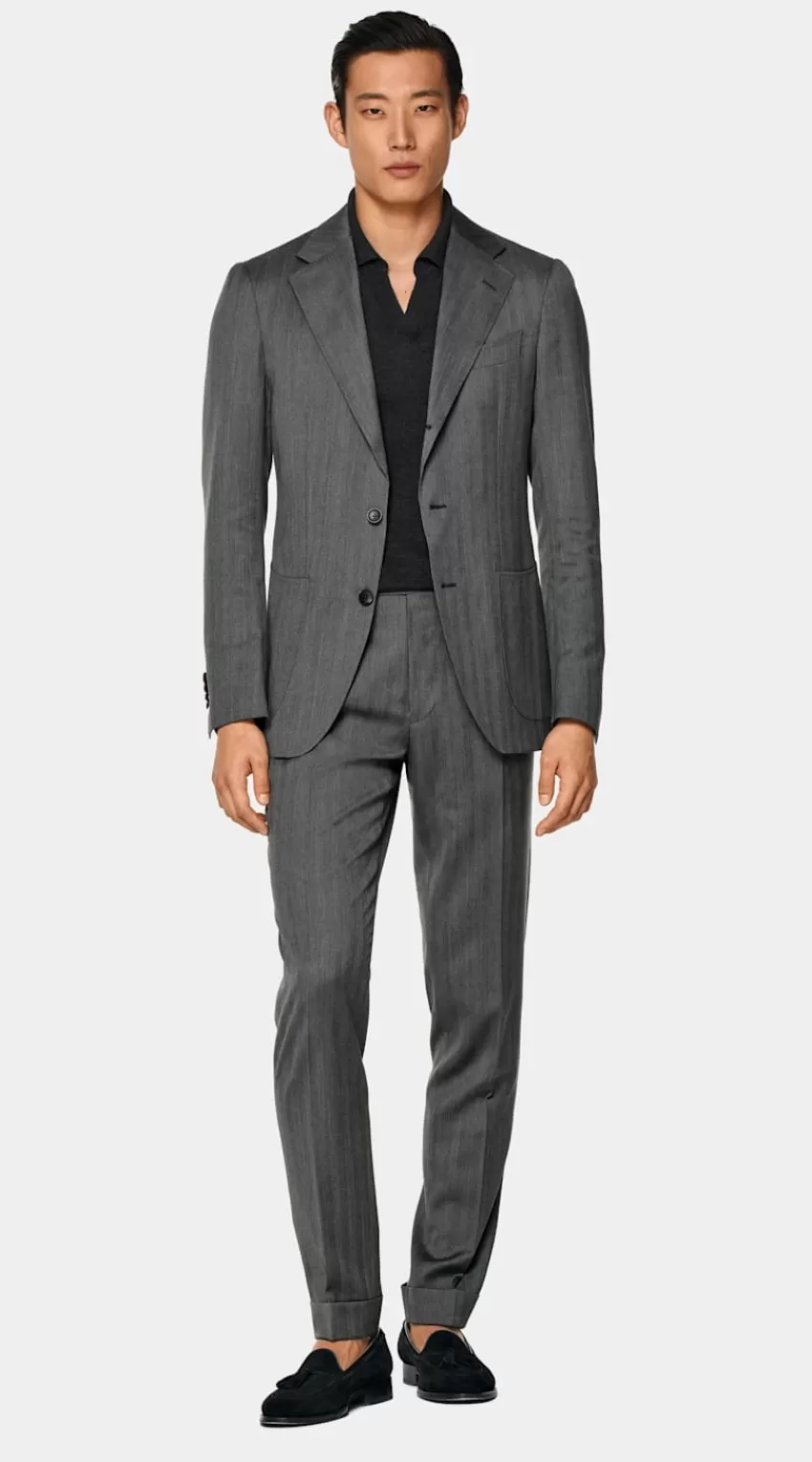 Suitsupply Havana Anzug Mittelgrau Fischgrätmuster Tailored Fit Aus Pure S130er Schurwolle | Deutschland Best