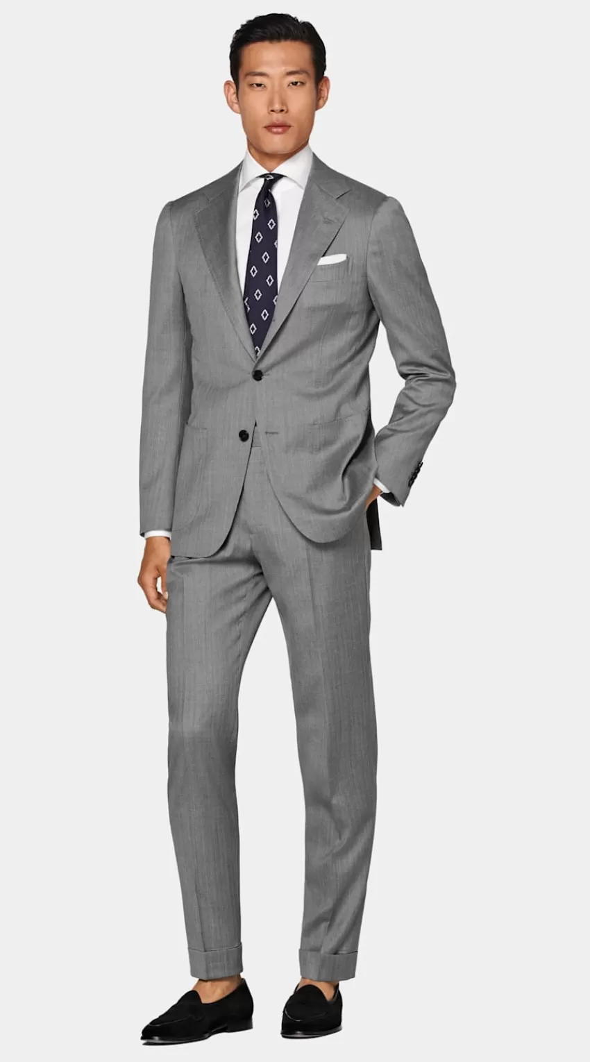 Suitsupply Havana Anzug Mittelgrau Fischgrätmuster Tailored Fit Aus Schurwolle Seide | Deutschland Best Sale