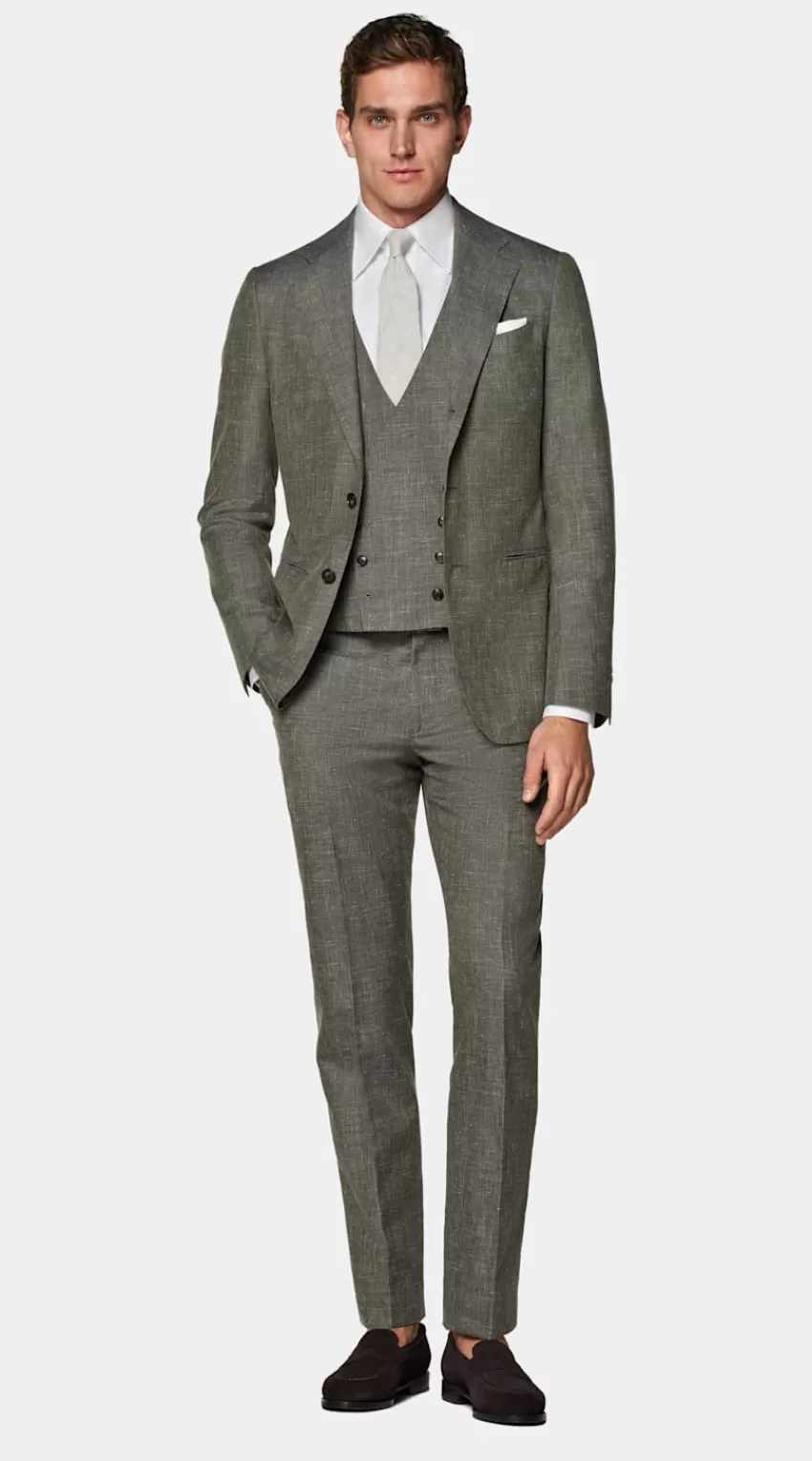 Suitsupply Havana Anzug Mittelgrün Dreiteilig Tailored Fit Aus Schurwolle Seide Leinen | Deutschland Outlet