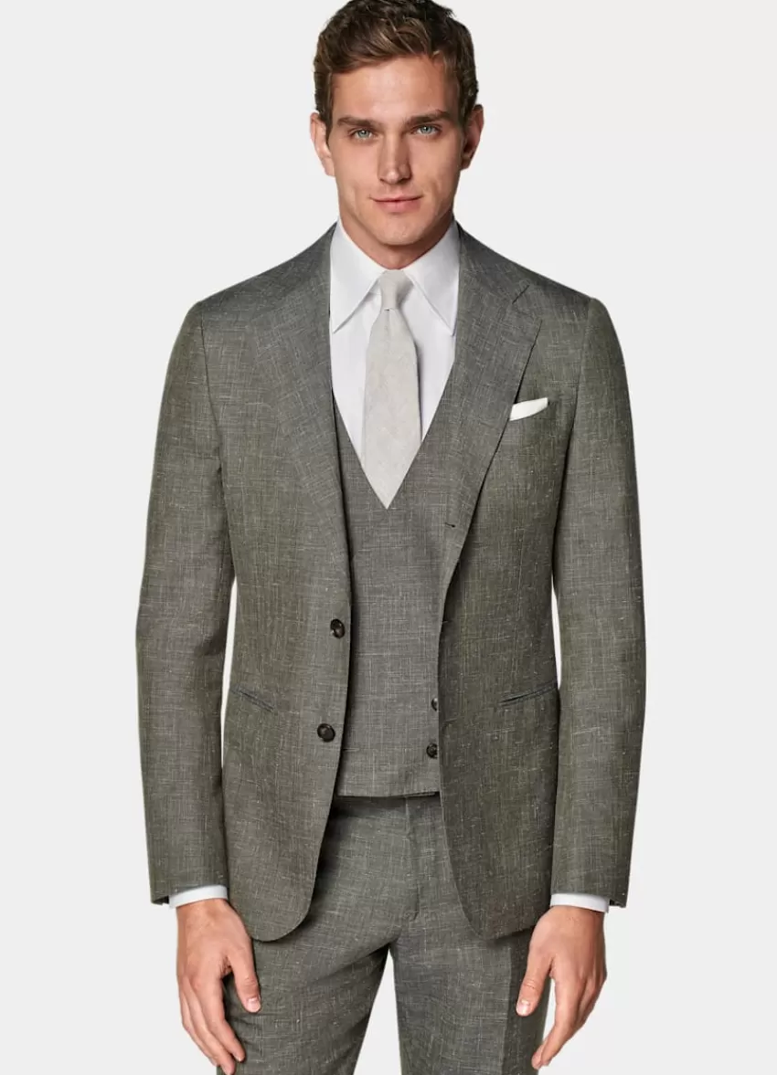 Suitsupply Havana Anzug Mittelgrün Dreiteilig Tailored Fit Aus Schurwolle Seide Leinen | Deutschland Outlet