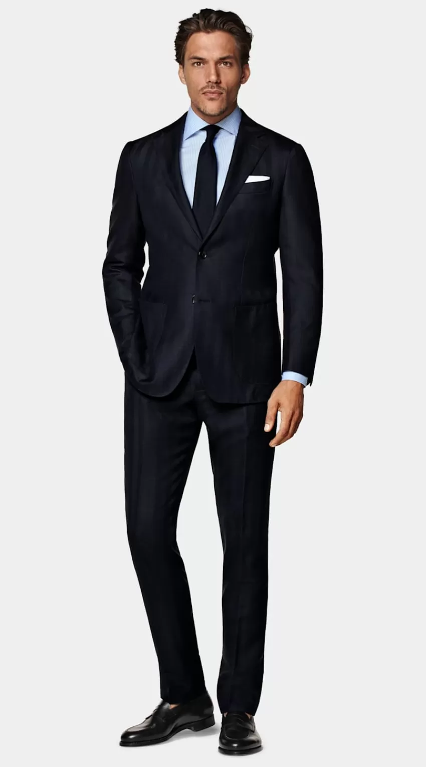 Suitsupply Havana Anzug Navy Fischgrätmuster Tailored Fit Aus Schurwolle Seide Leinen | Deutschland Flash Sale