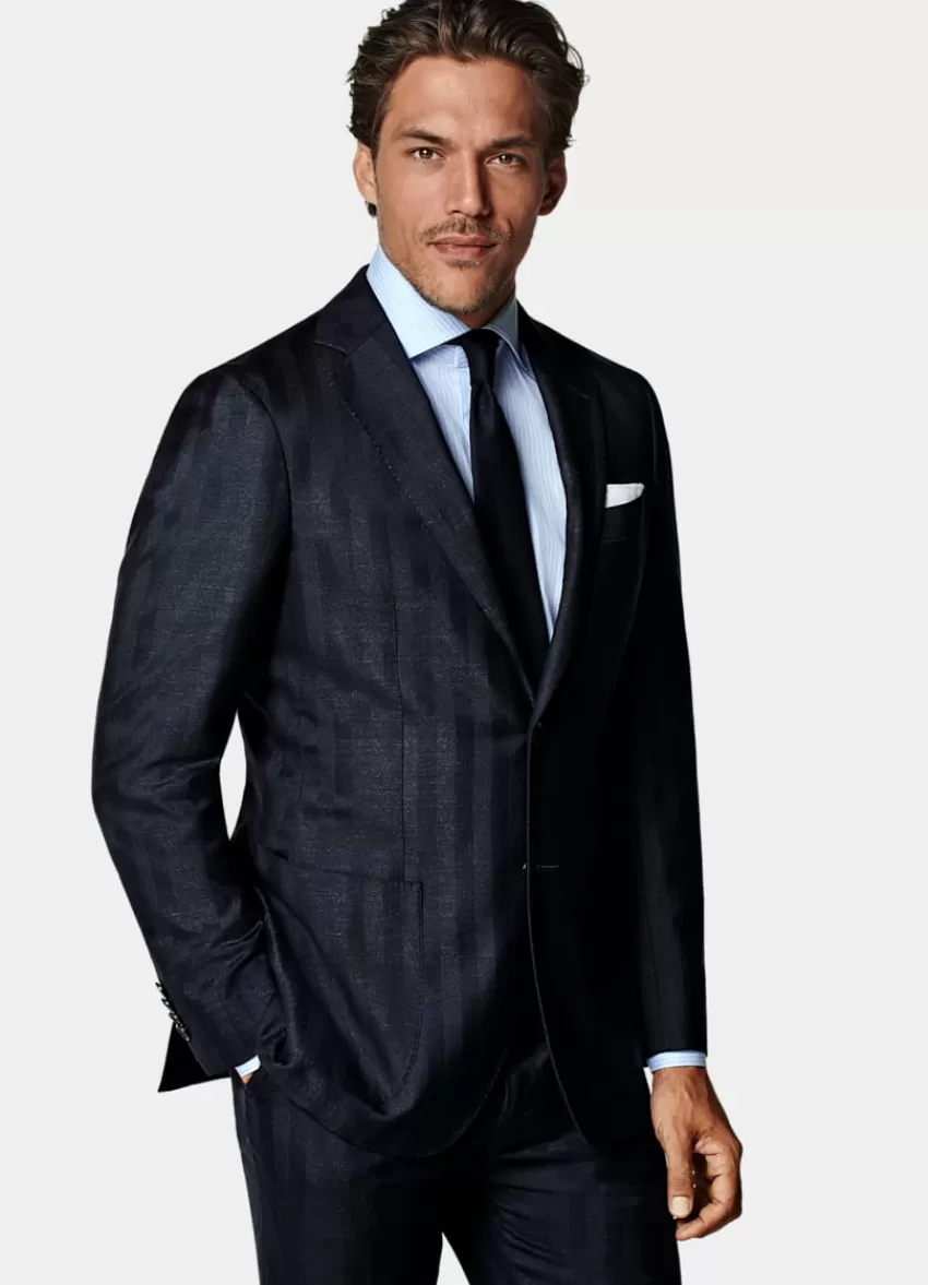Suitsupply Havana Anzug Navy Fischgrätmuster Tailored Fit Aus Schurwolle Seide Leinen | Deutschland Flash Sale
