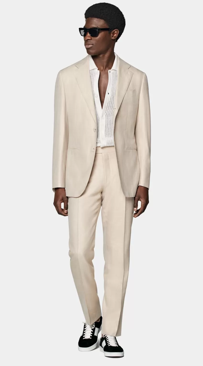 Suitsupply Havana Anzug Sand Fischgrätmuster Tailored Fit Aus Schurwolle Seide Leinen | Deutschland Flash Sale