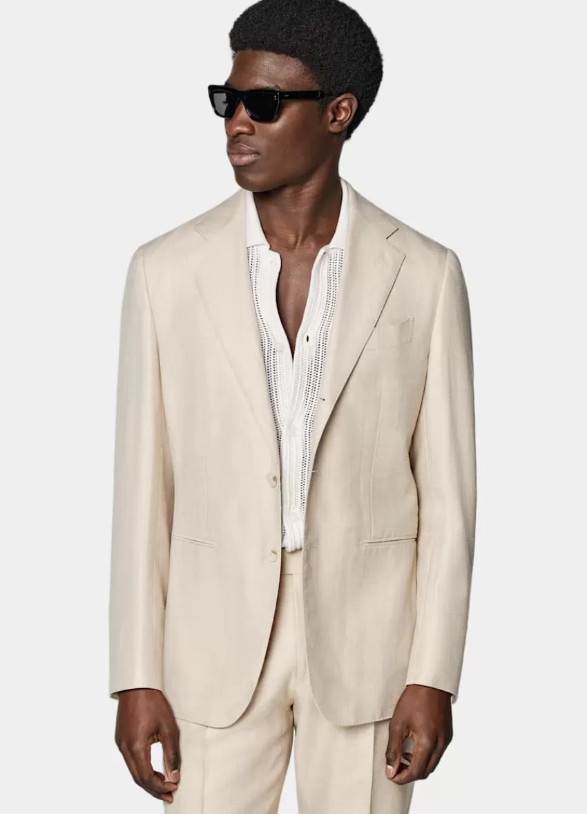 Suitsupply Havana Anzug Sand Fischgrätmuster Tailored Fit Aus Schurwolle Seide Leinen | Deutschland Flash Sale