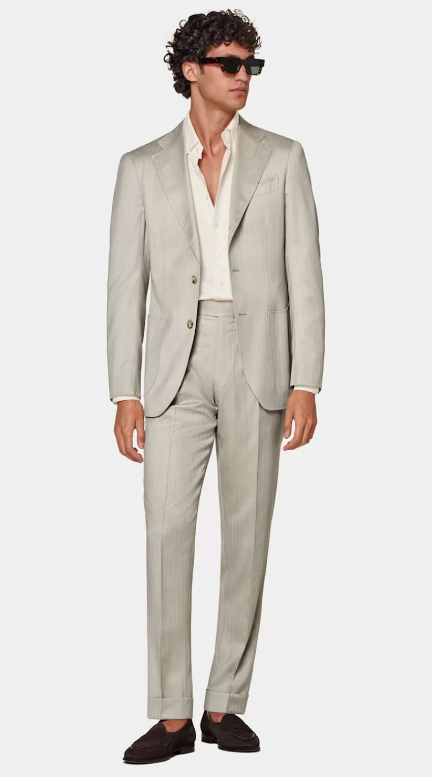 Suitsupply Havana Anzug Sand Fischgrätmuster Tailored Fit Aus Schurwolle Seide Solaro | Deutschland New