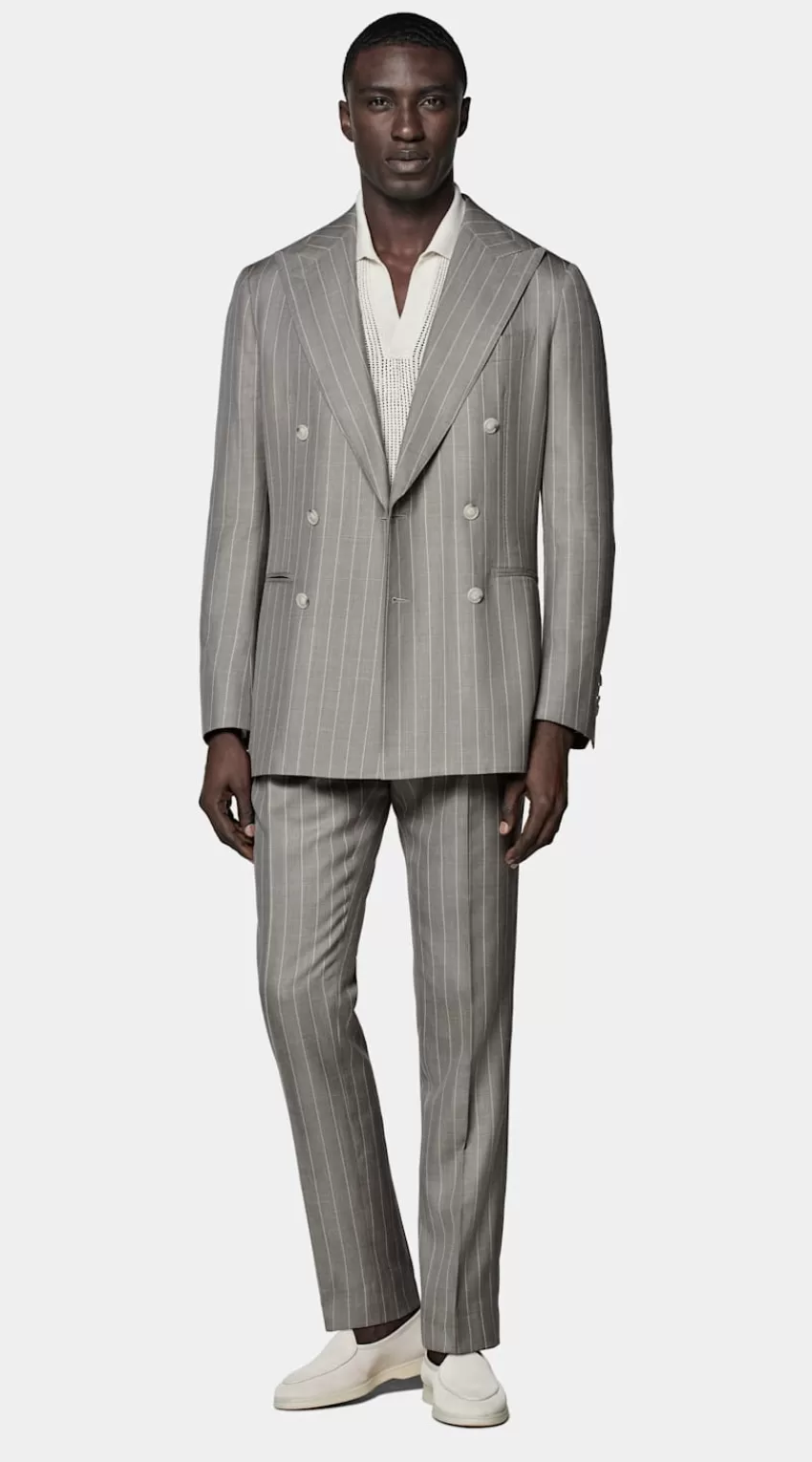 Suitsupply Havana Anzug Taupe Gestreift Tailored Fit Aus Schurwolle Seide Leinen | Deutschland Sale