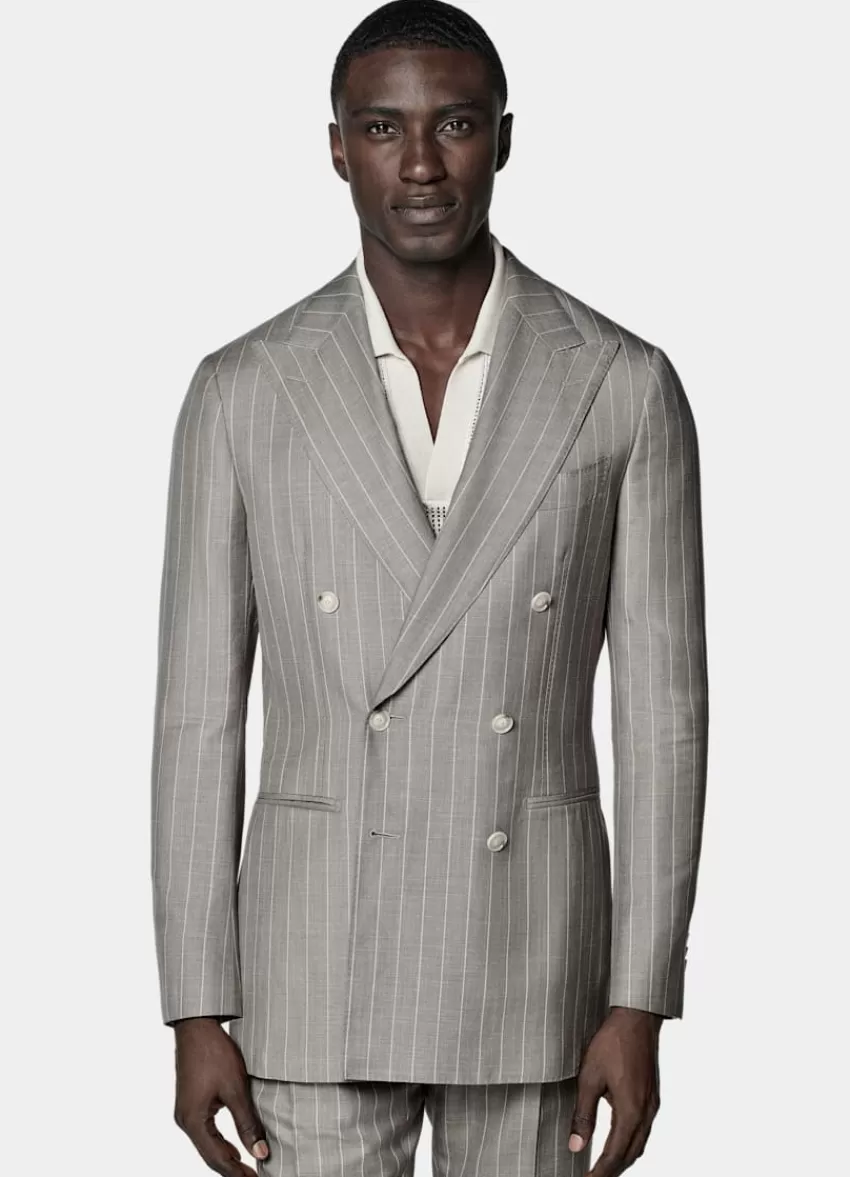 Suitsupply Havana Anzug Taupe Gestreift Tailored Fit Aus Schurwolle Seide Leinen | Deutschland Sale