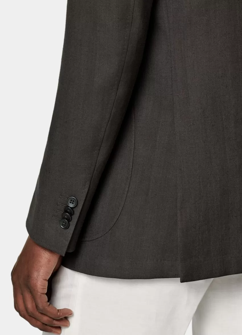Suitsupply Havana Sakko Dunkelbraun Fischgrätmuster Tailored Fit Aus Schurwolle Seide Leinen | Deutschland New