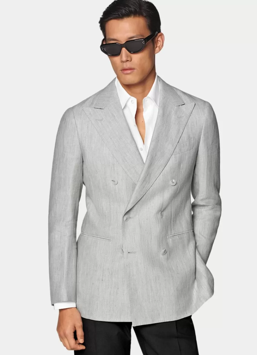 Suitsupply Havana Sakko Hellgrau Fischgrätmuster Tailored Fit Aus Leinen Schurwolle | Deutschland Best