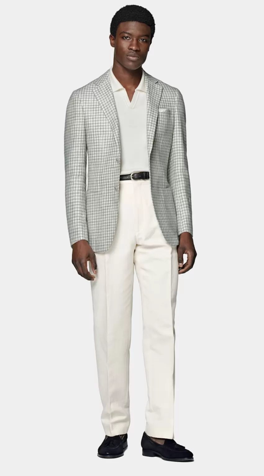 Suitsupply Havana Sakko Hellgrau Kariert Tailored Fit Aus Seide Leinen Baumwolle Polyamid | Deutschland New