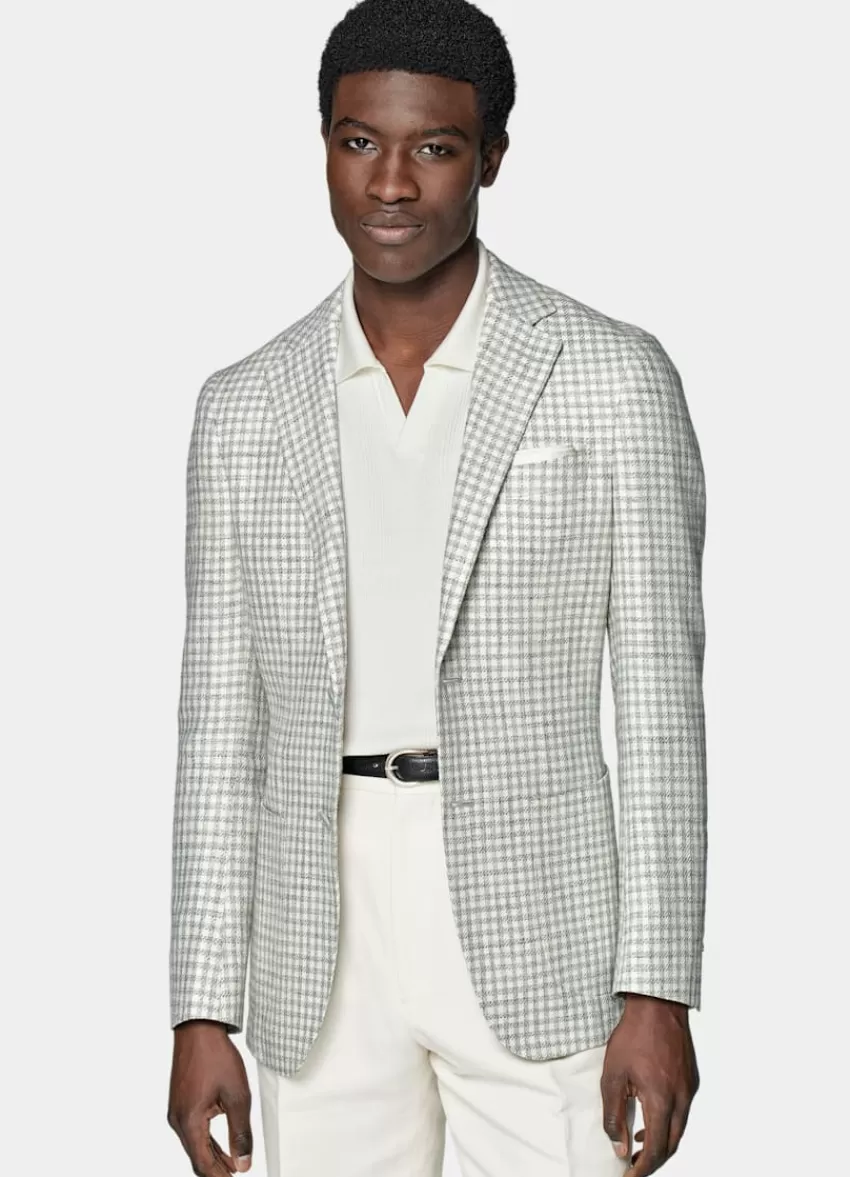 Suitsupply Havana Sakko Hellgrau Kariert Tailored Fit Aus Seide Leinen Baumwolle Polyamid | Deutschland New