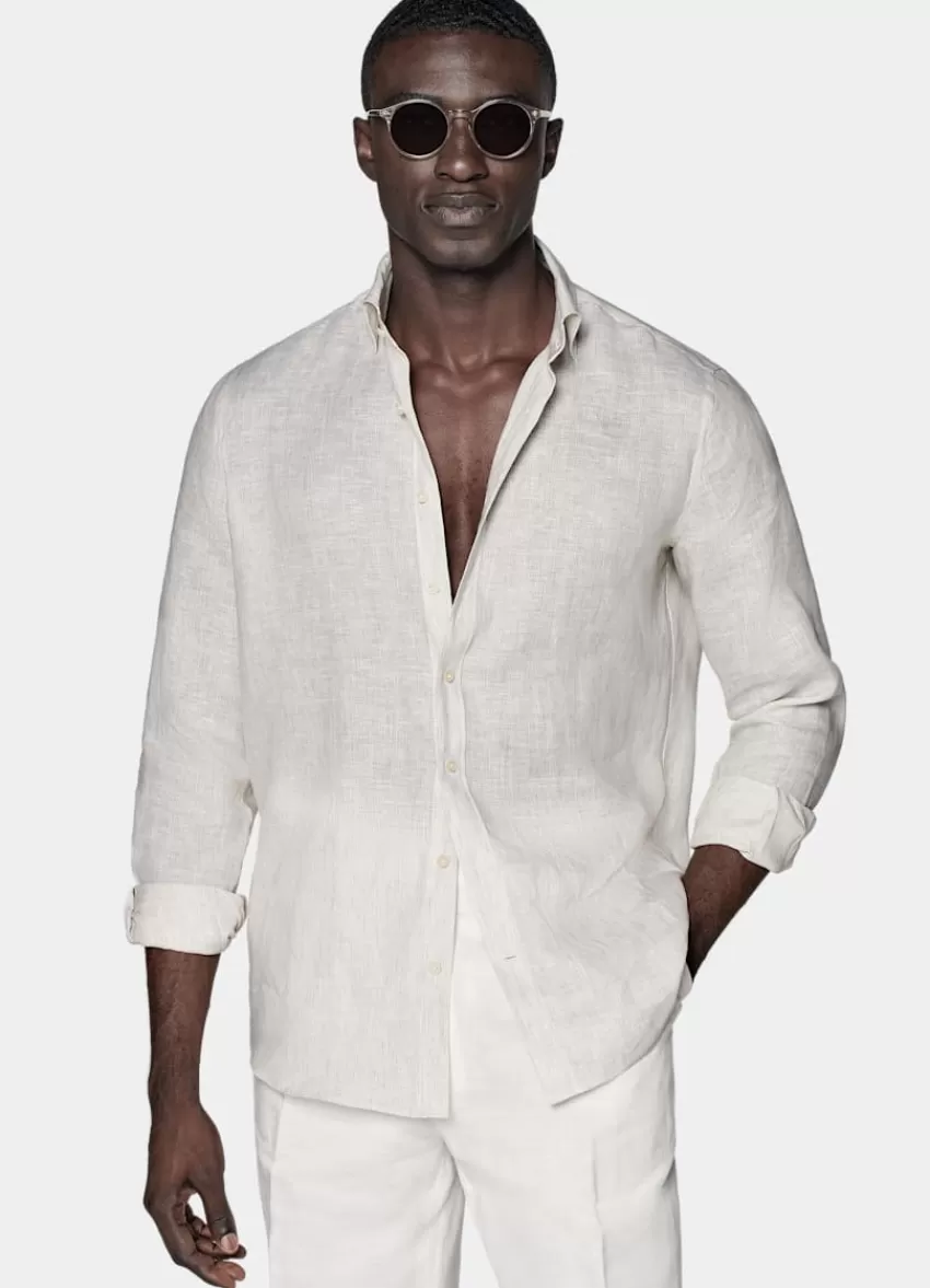 Suitsupply Hemd Hellbraun Gestreift Slim Fit Aus Pures Leinen | Deutschland Clearance