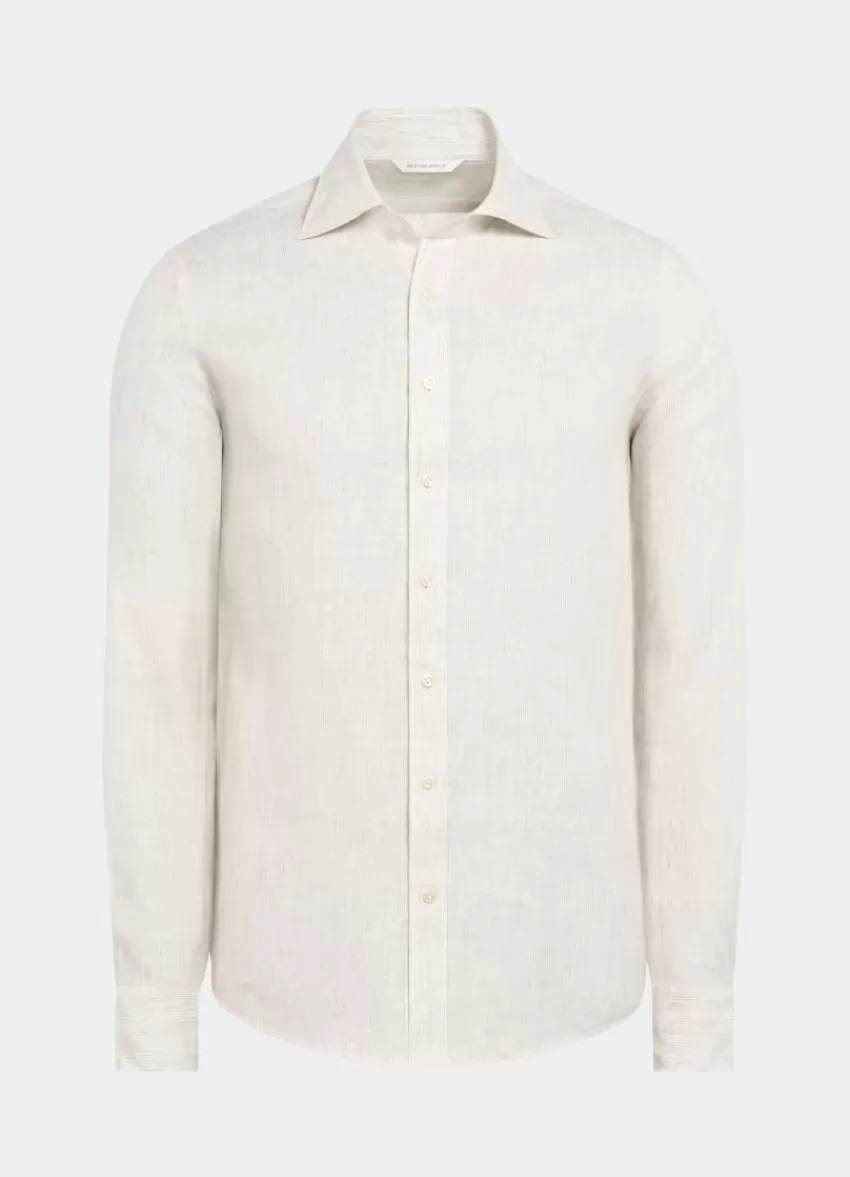 Suitsupply Hemd Hellbraun Gestreift Slim Fit Aus Pures Leinen | Deutschland Clearance