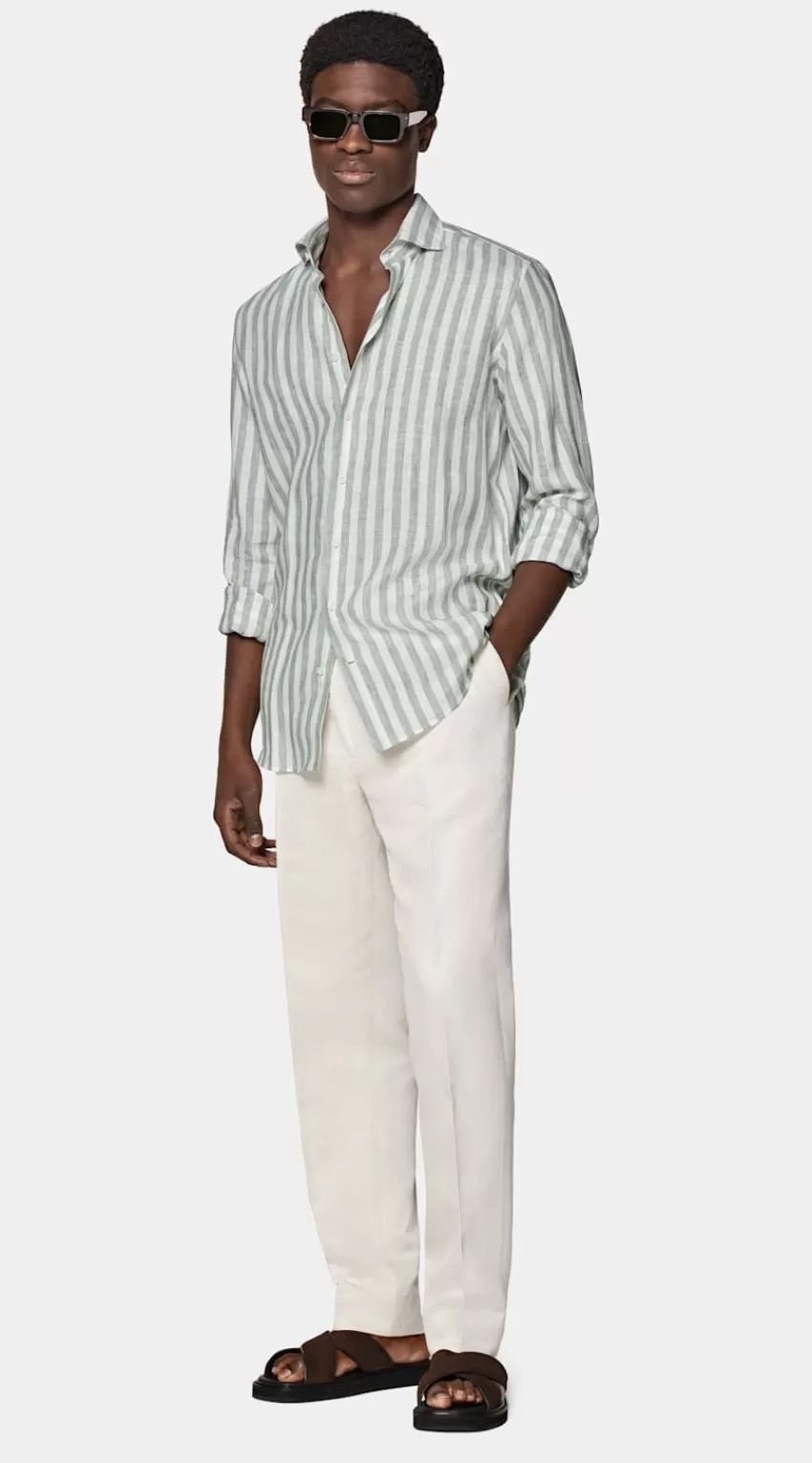 Suitsupply Hemd Hellgrün Gestreift Slim Fit Aus Pures Leinen | Deutschland Flash Sale