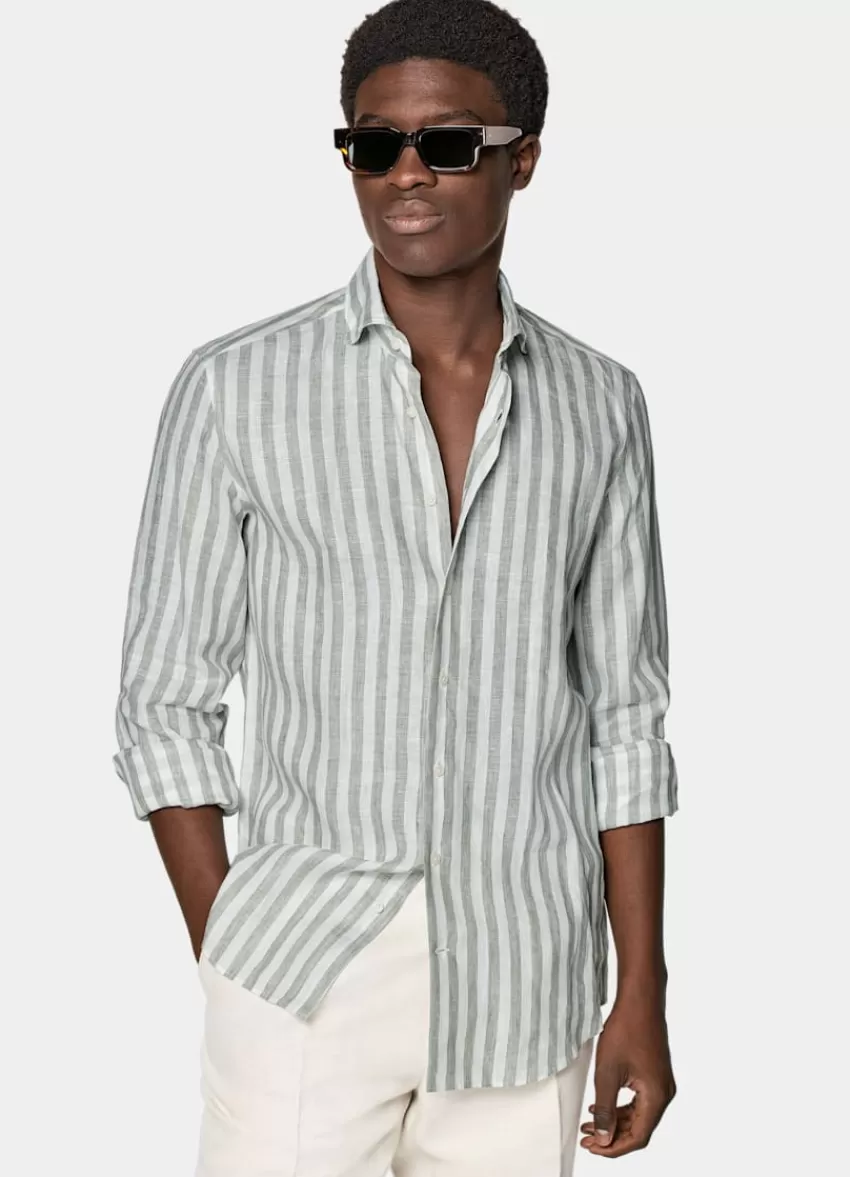 Suitsupply Hemd Hellgrün Gestreift Slim Fit Aus Pures Leinen | Deutschland Flash Sale
