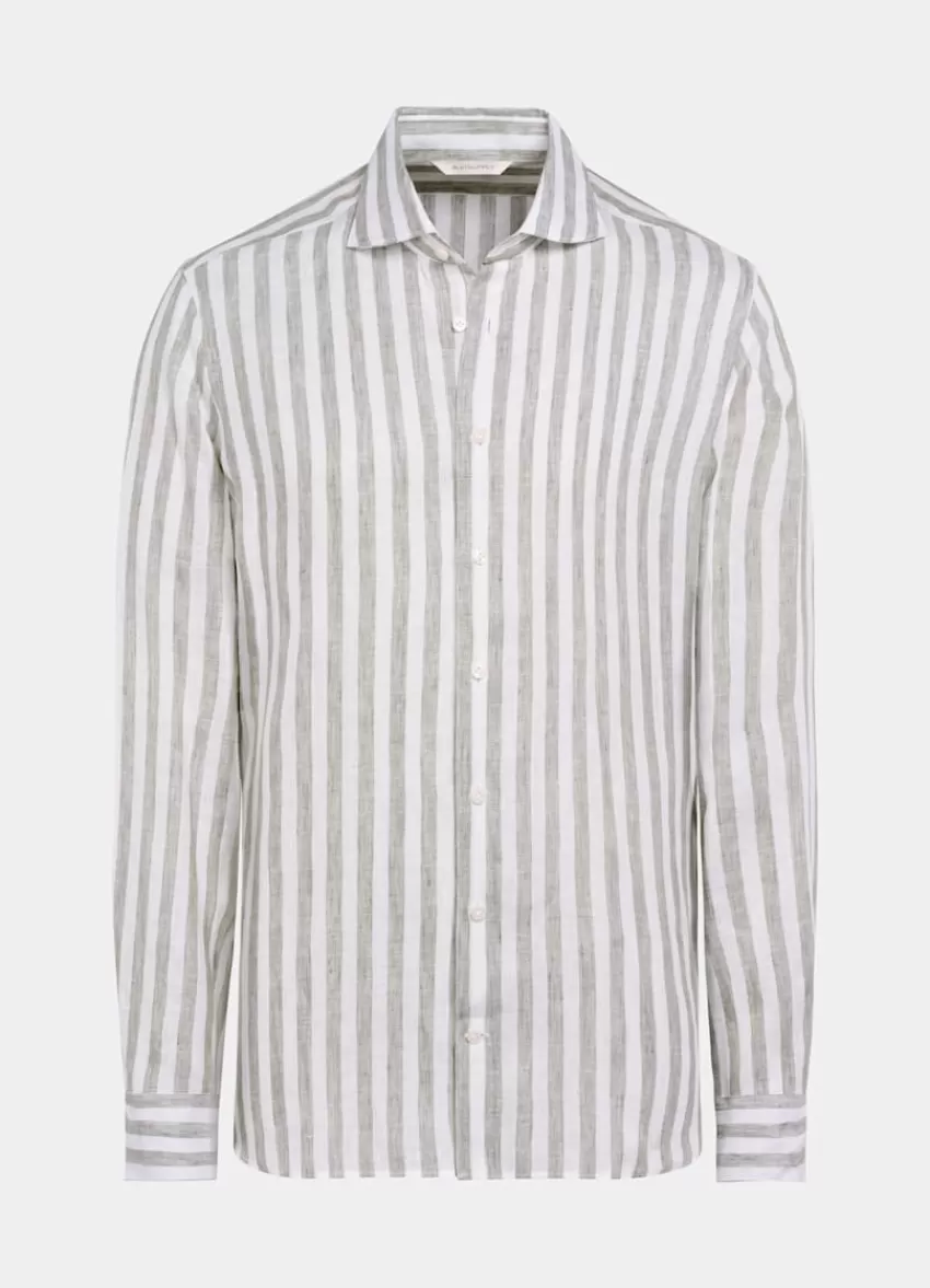 Suitsupply Hemd Hellgrün Gestreift Slim Fit Aus Pures Leinen | Deutschland Flash Sale