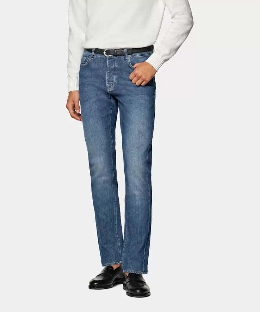 Suitsupply Jules Jeans Mittelblau Slim Leg Tapered Aus Stretch Denim | Deutschland New