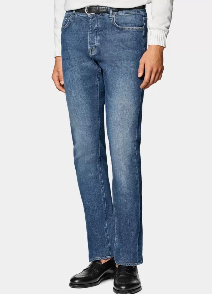 Suitsupply Jules Jeans Mittelblau Slim Leg Tapered Aus Stretch Denim | Deutschland New