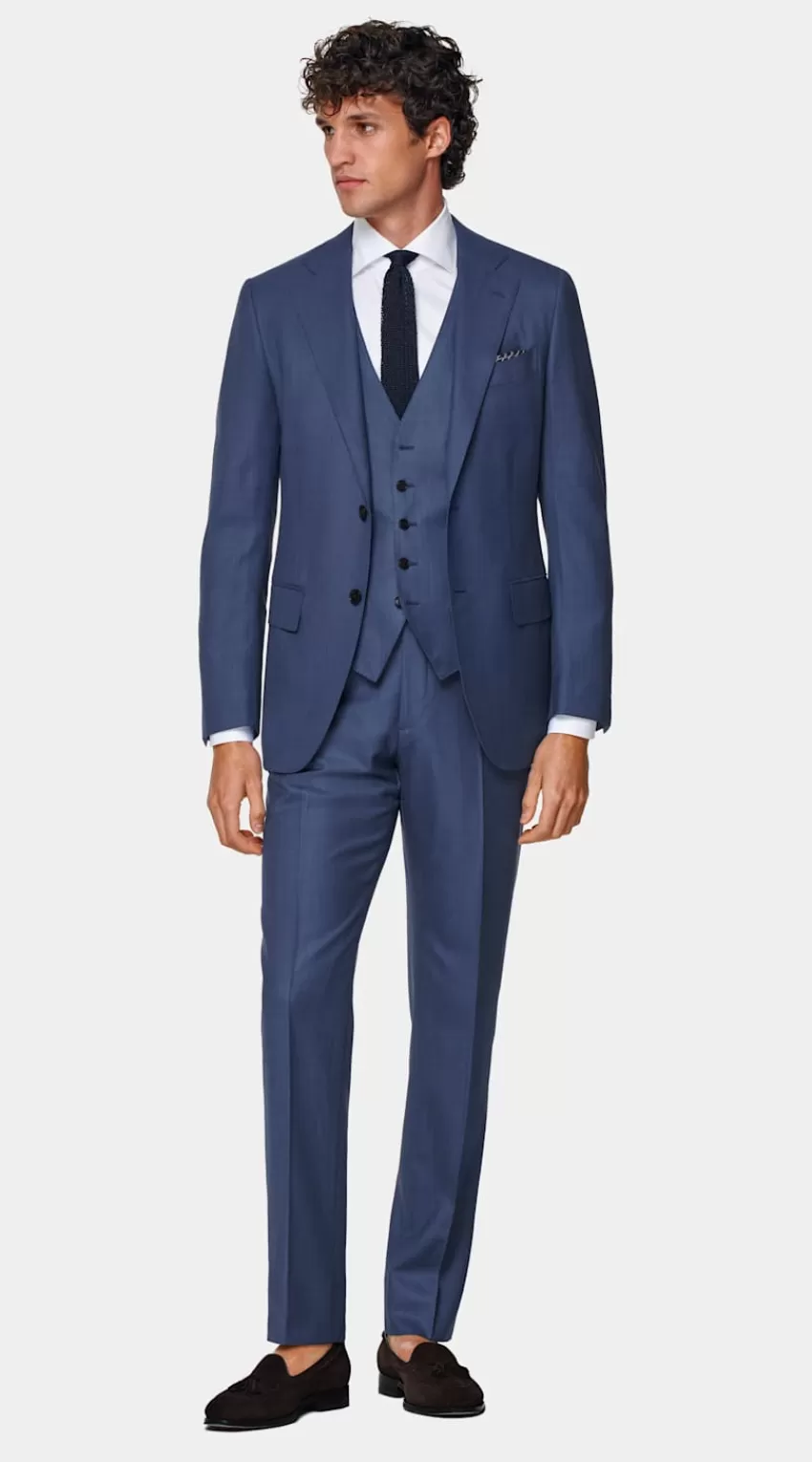 Suitsupply Lazio Anzug Mittelblau Dreiteiler Tailored Fit Aus Pure S150er Schurwolle | Deutschland New