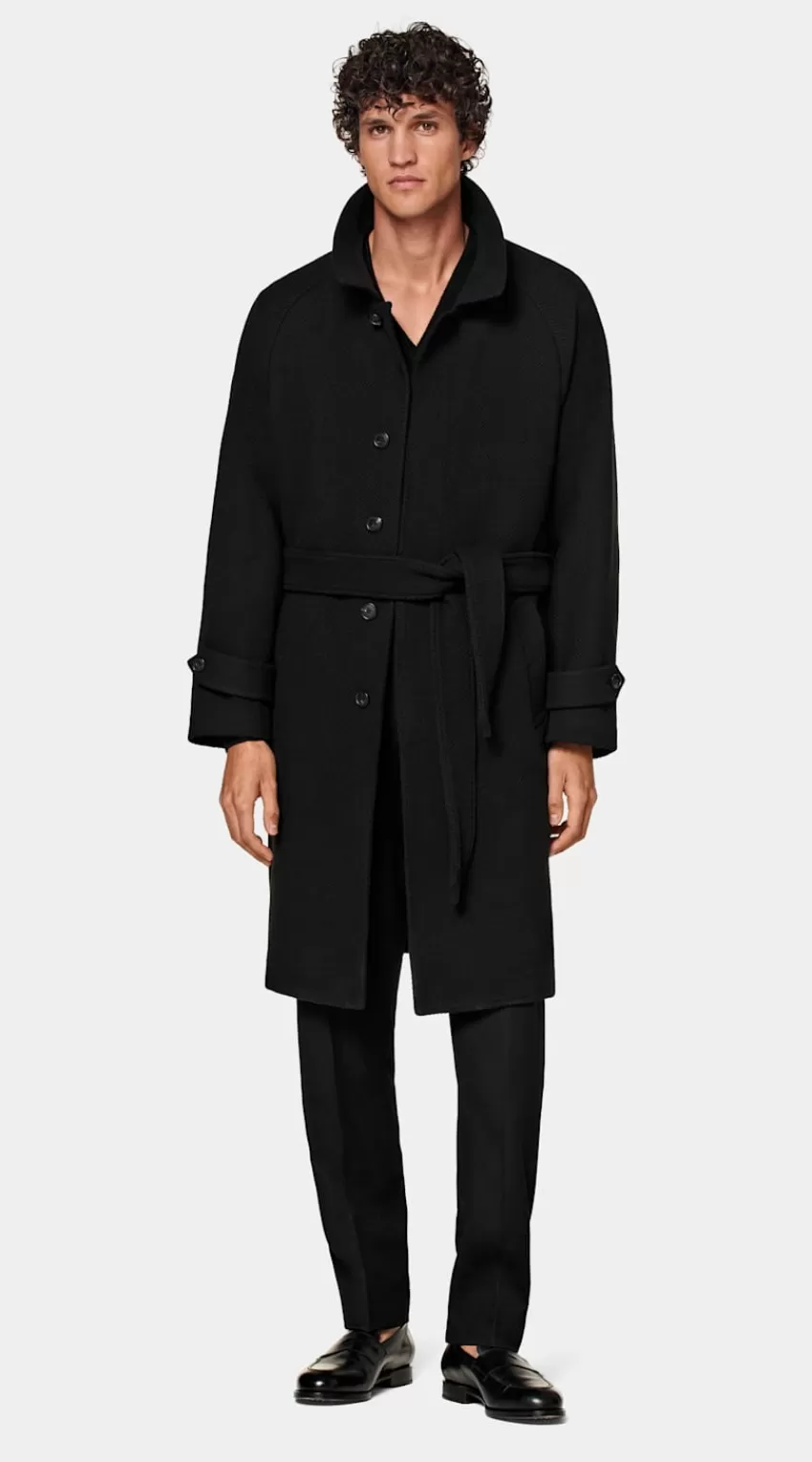 Suitsupply Mantel Schwarz Fischgrätmuster Gürtel Aus Schurwolle Kaschmir Mischung | Deutschland Outlet