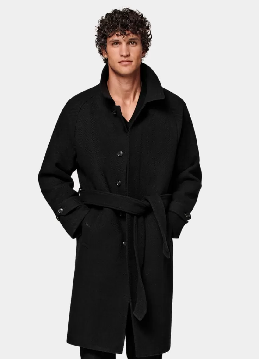Suitsupply Mantel Schwarz Fischgrätmuster Gürtel Aus Schurwolle Kaschmir Mischung | Deutschland Outlet