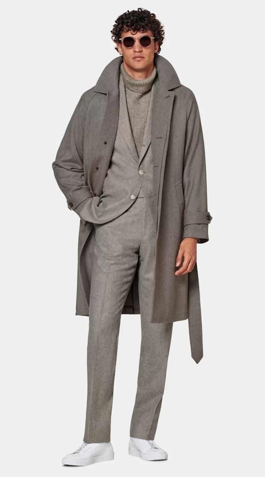 Suitsupply Mantel Taupe Fischgrätmuster Gürtel Aus Wolle Kaschmir | Deutschland Sale