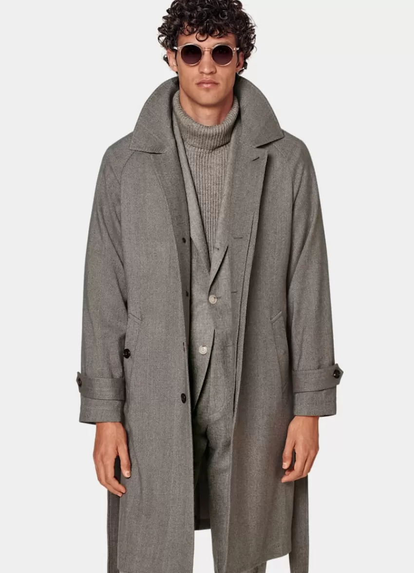 Suitsupply Mantel Taupe Fischgrätmuster Gürtel Aus Wolle Kaschmir | Deutschland Sale