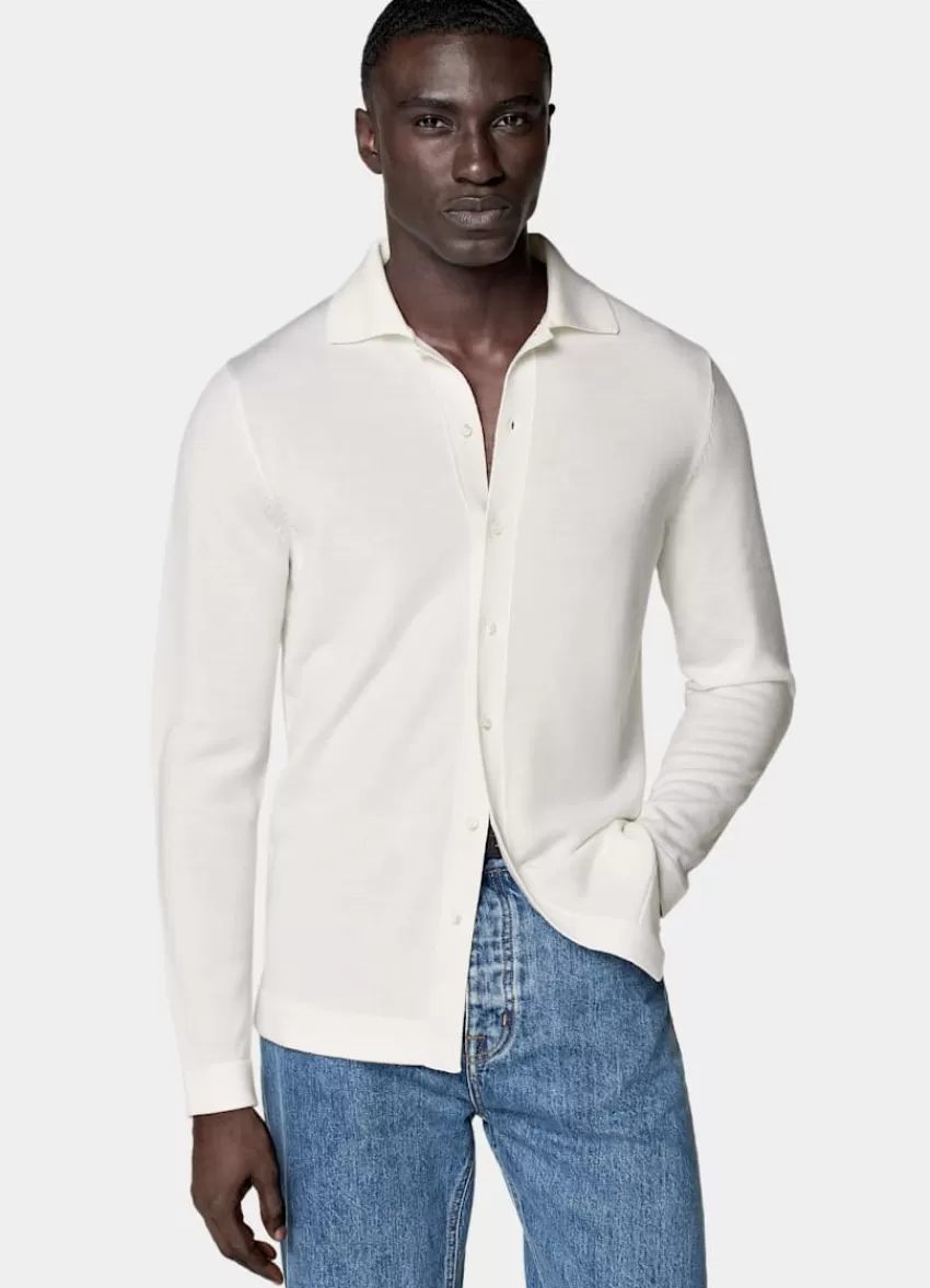 Suitsupply Merino Polo-Cardigan Langarm Off-white Aus Pure Schurwolle | Deutschland Outlet