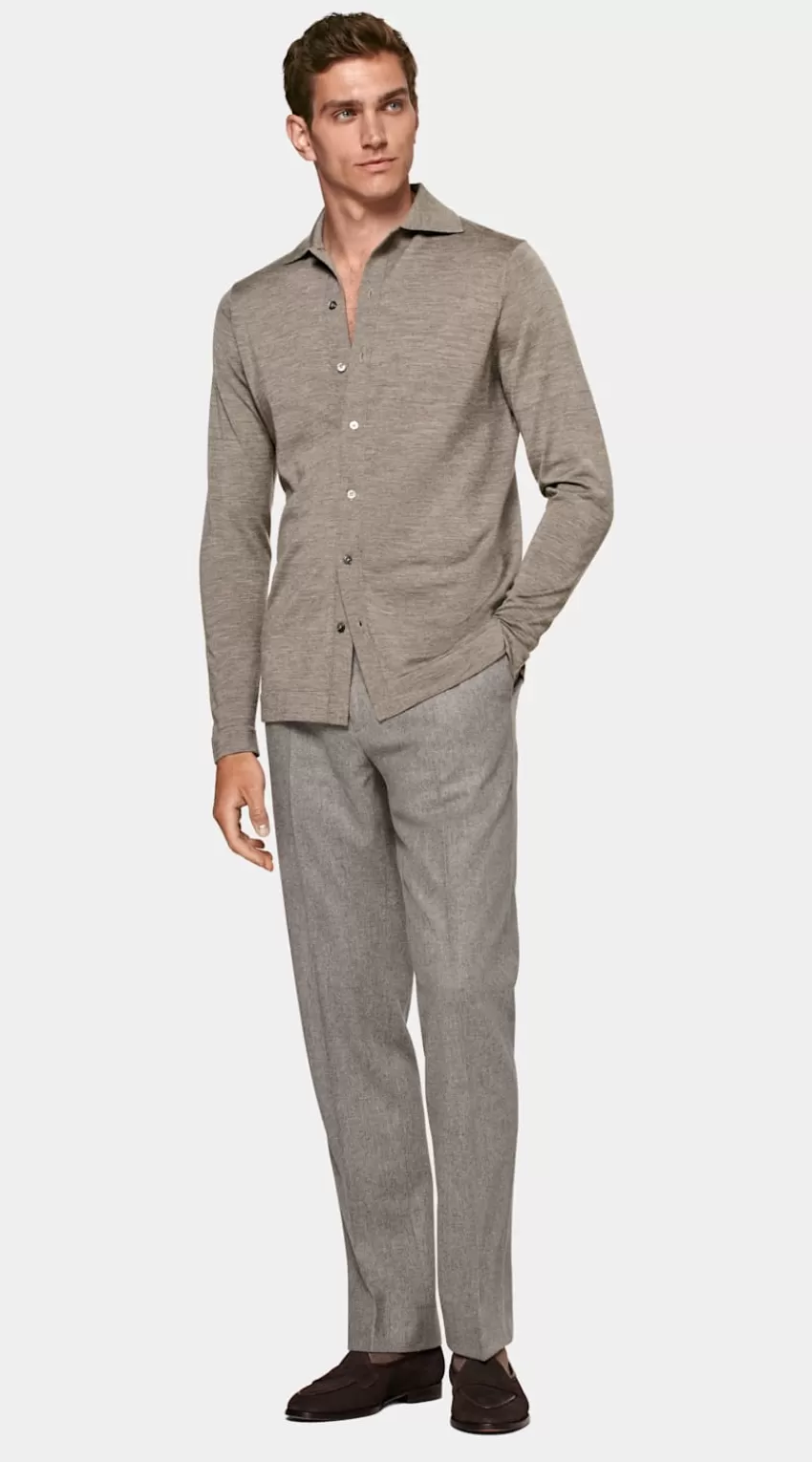 Suitsupply Merino Polo-Cardigan Langarm Taupe Aus Pure Schurwolle | Deutschland Best